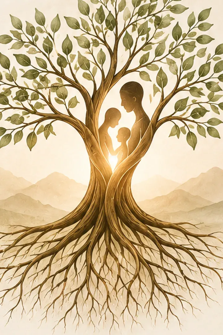 Árbol con raíces profundas y una familia dibujada en su tronco