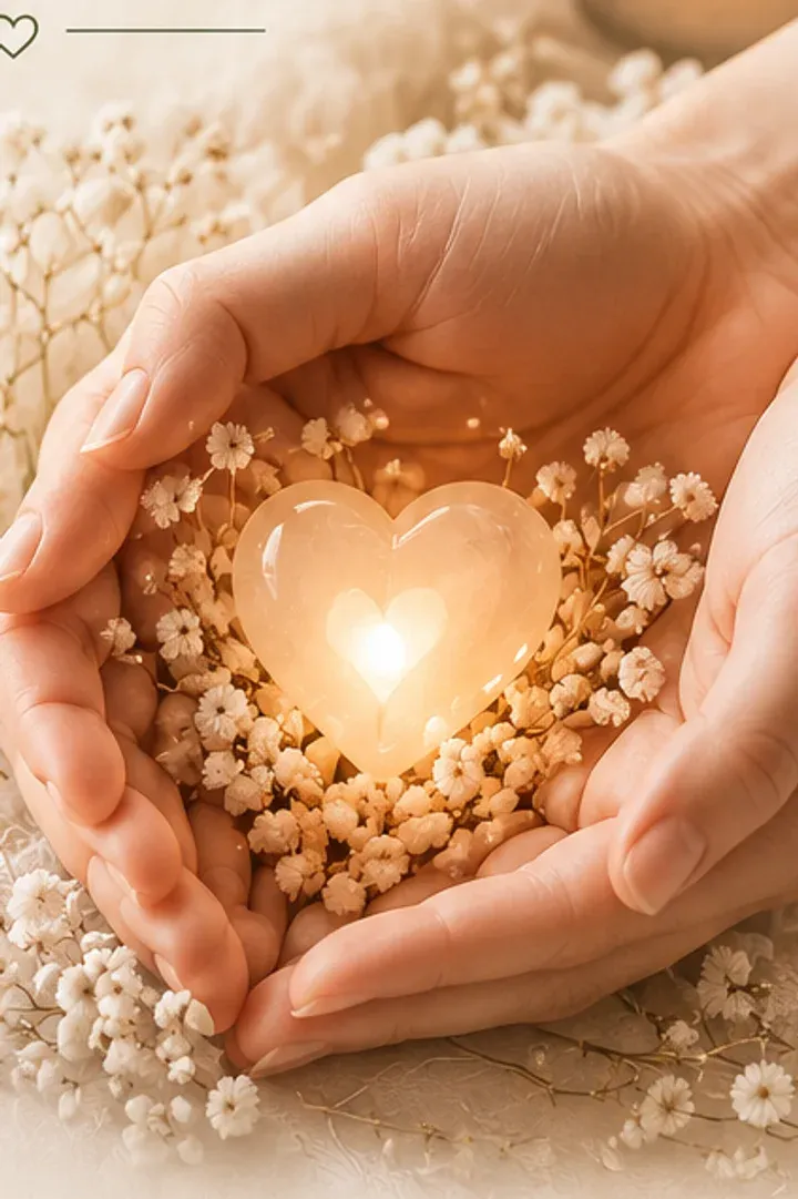 Manos sosteniendo un corazón de luz entre flores