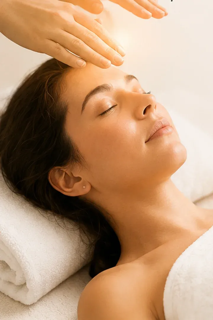 Sesión de Reiki con las manos sobre la frente de una persona relajada
