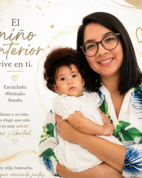 Vielka con una niña en brazos y un texto sobre el niño interior