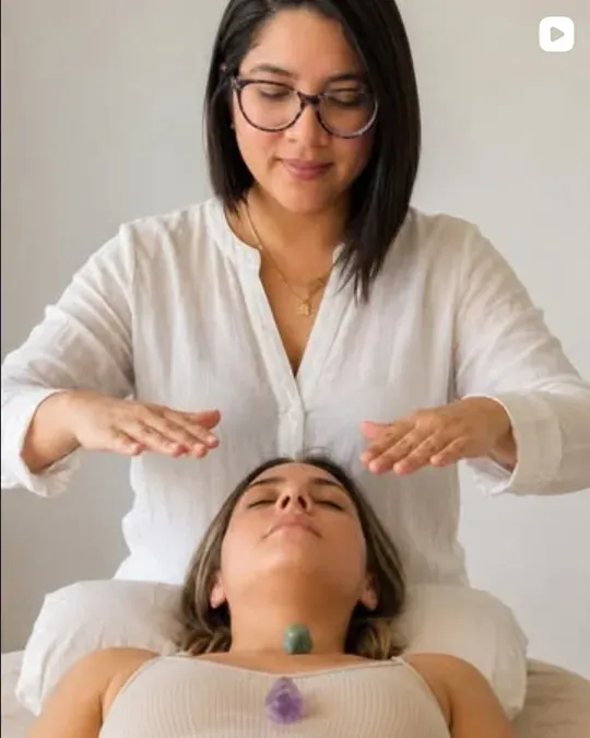 Vielka en una sesión de Reiki con las manos sobre una persona recostada